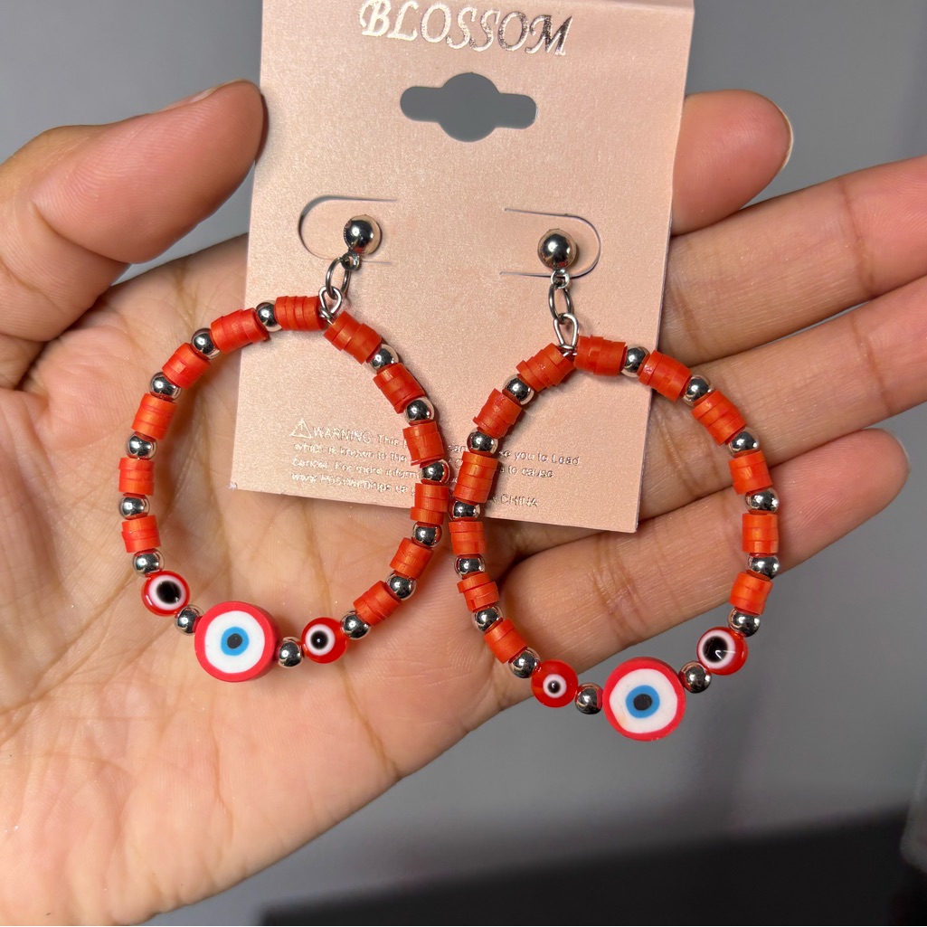5/$25 Deal! Orange Beaded Hoop Earrings With Evil Eye Accent